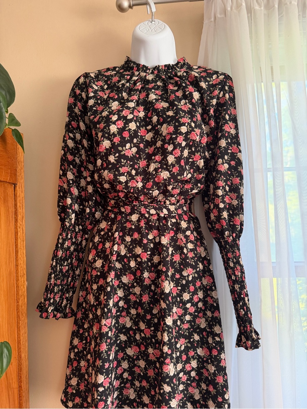 SHEIN Black Midi Dress with Pink and Cream Floral Print